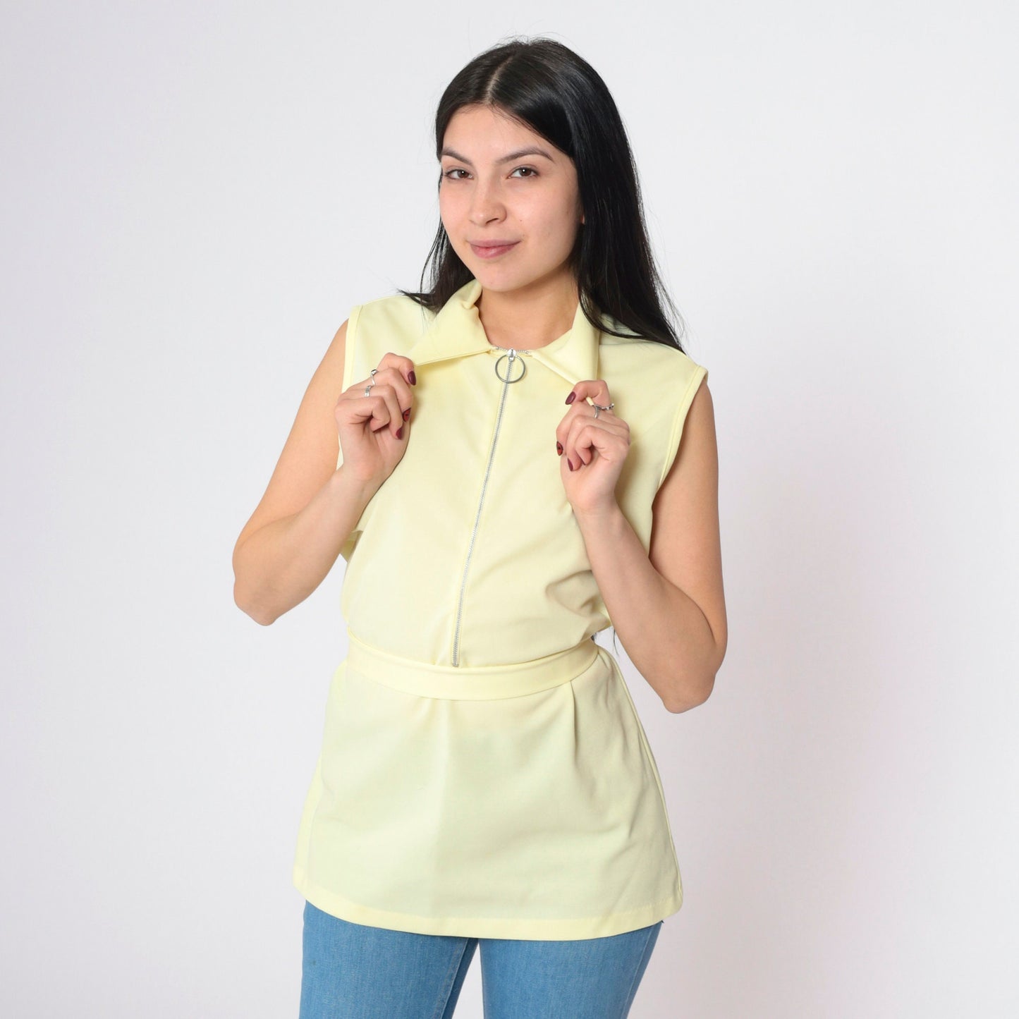 70s Yellow Sleeveless Zip-Up Blouse Pointed Collar Belted Waist Medium