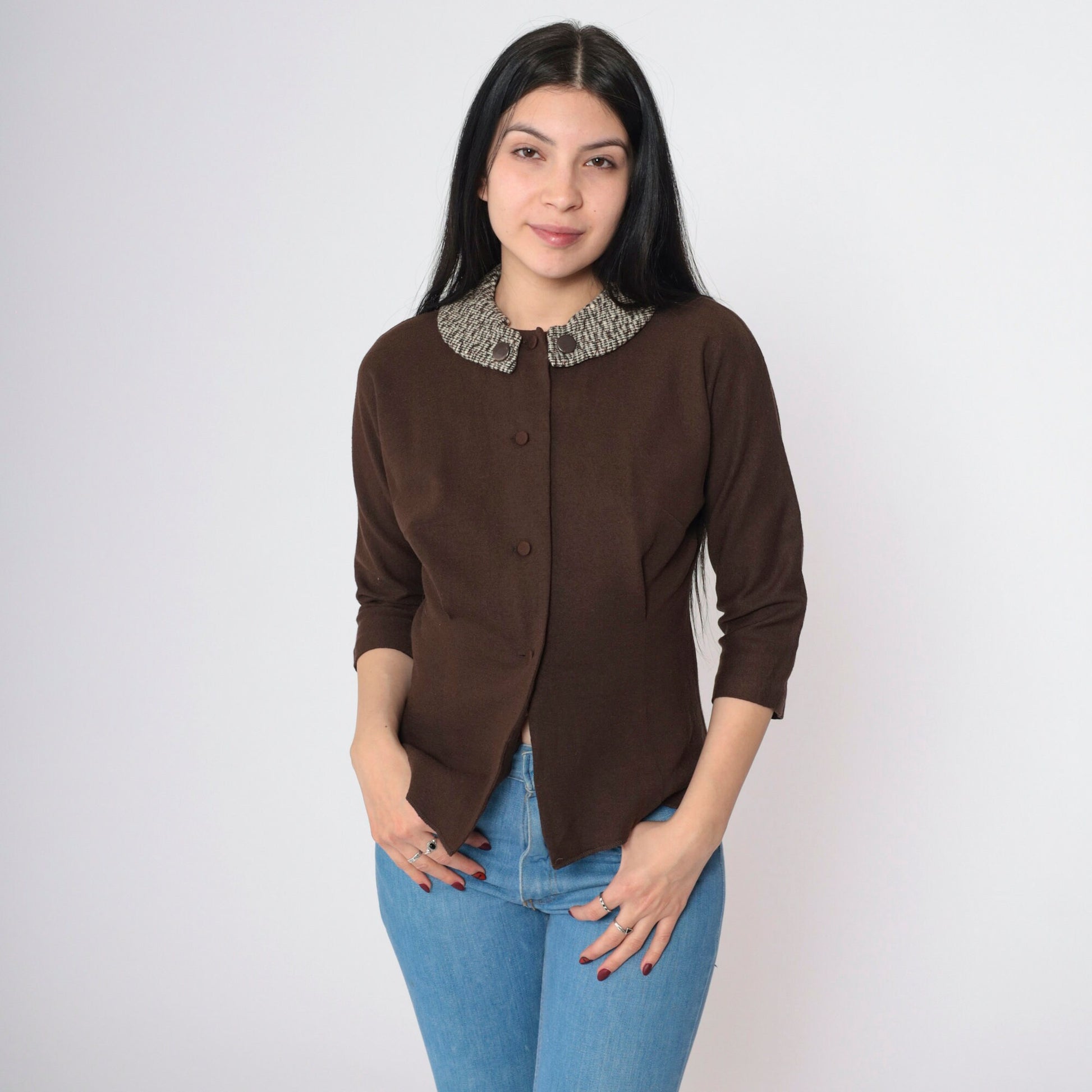 60s Brown Wool Blend Knit Collar Button-Up Top 3/4 Sleeve Small