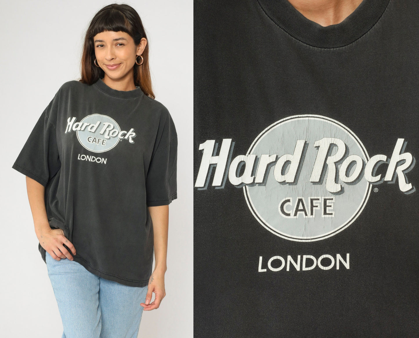 90s Hard Rock Cafe London Graphic T-Shirt Faded Black Extra Large XL
