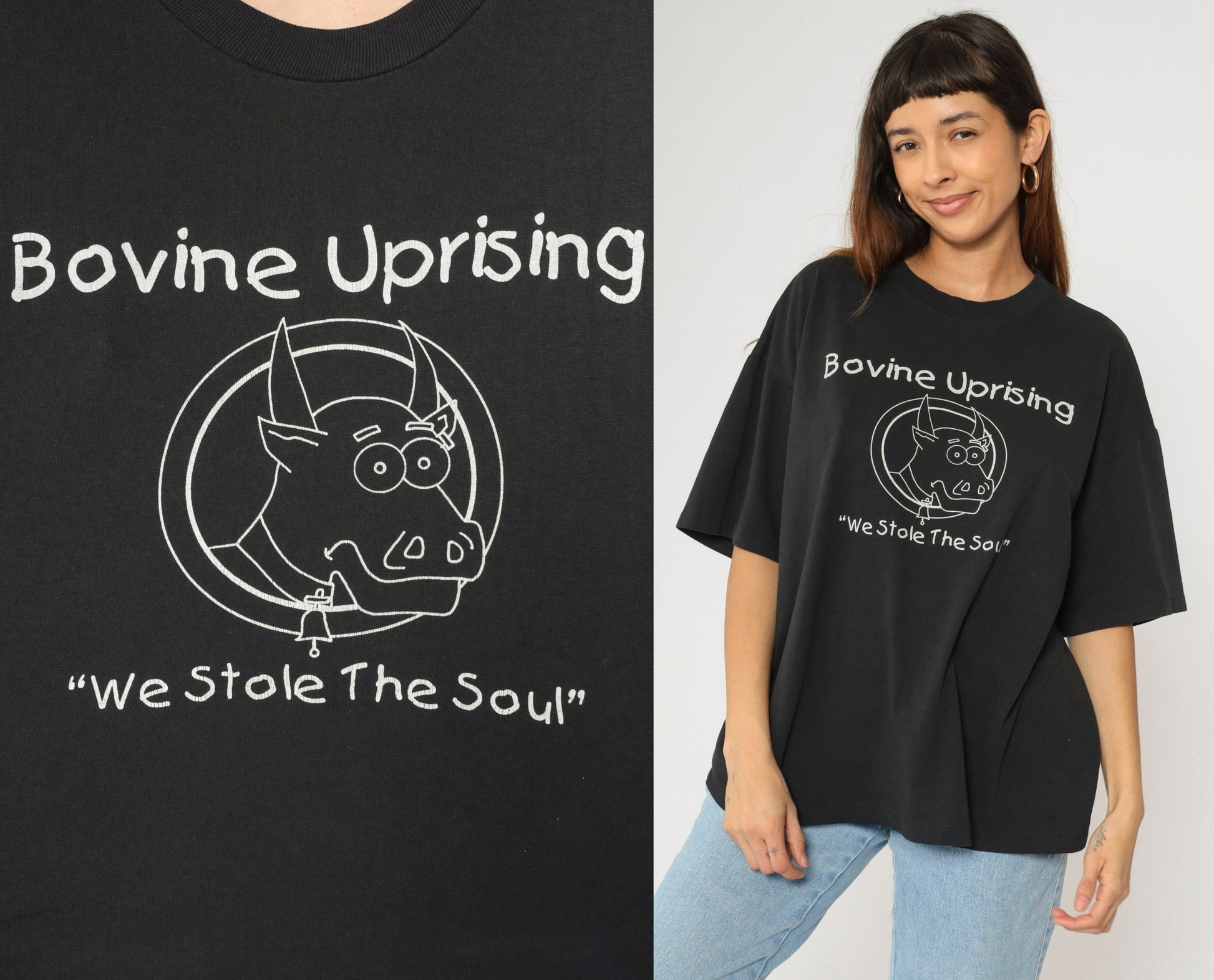 90s Bovine Uprising Graphic T-Shirt Black Cow Punk Tee Extra Large XL
