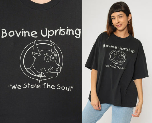 90s Bovine Uprising Graphic T-Shirt Black Cow Punk Tee Extra Large XL