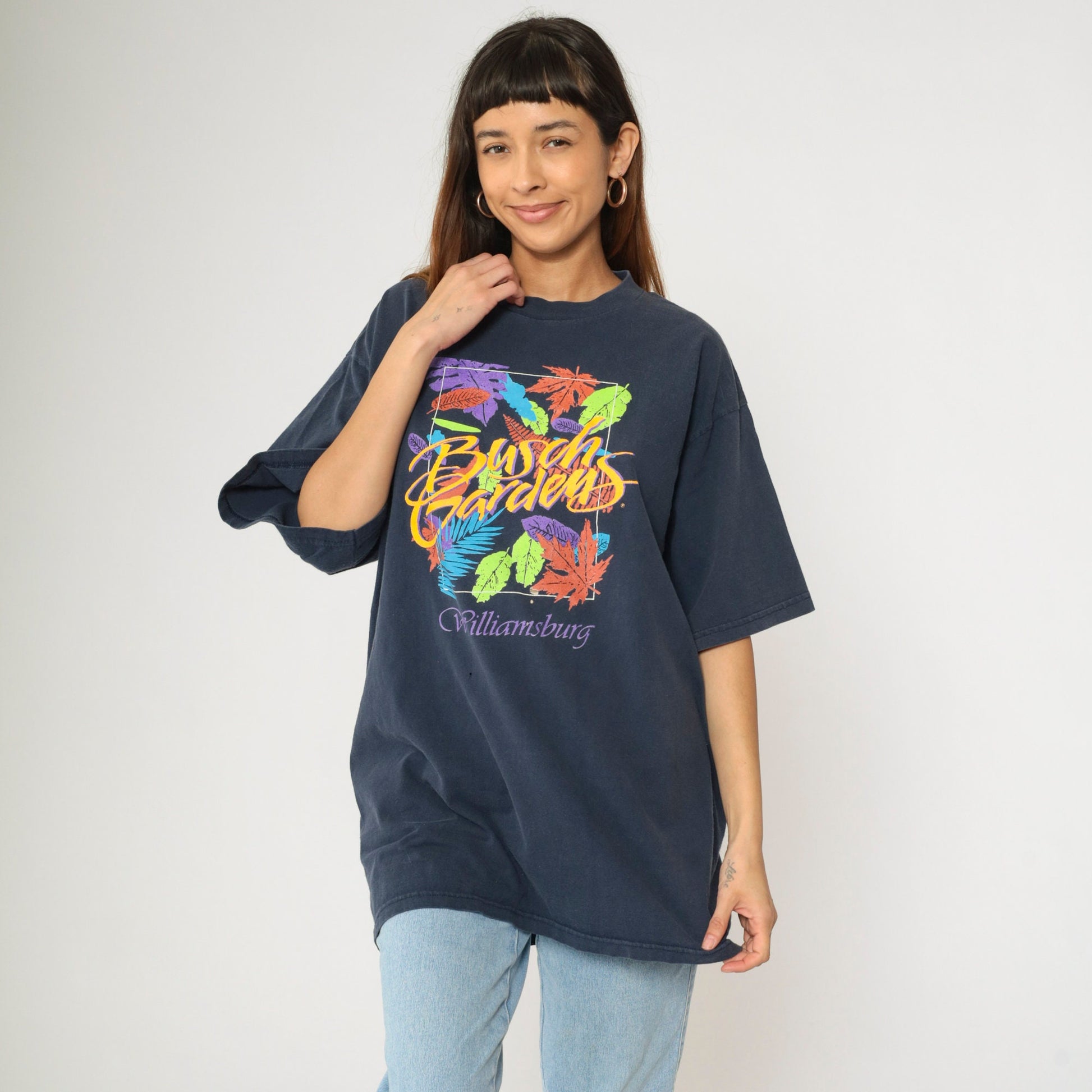 90s Busch Gardens Williamsburg Graphic Tee Navy Leaf Print Extra Large