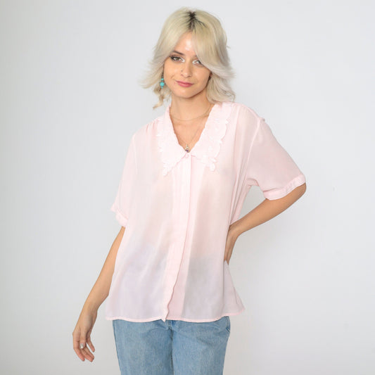 90s Sheer Pink Blouse Embroidered Collar Floral Button Up Short Sleeve Extra Large