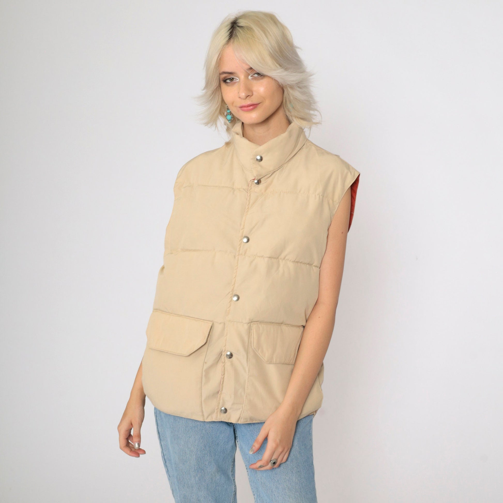 80s Trailwear Tan Down Puffer Vest Snap Front Sleeveless Medium