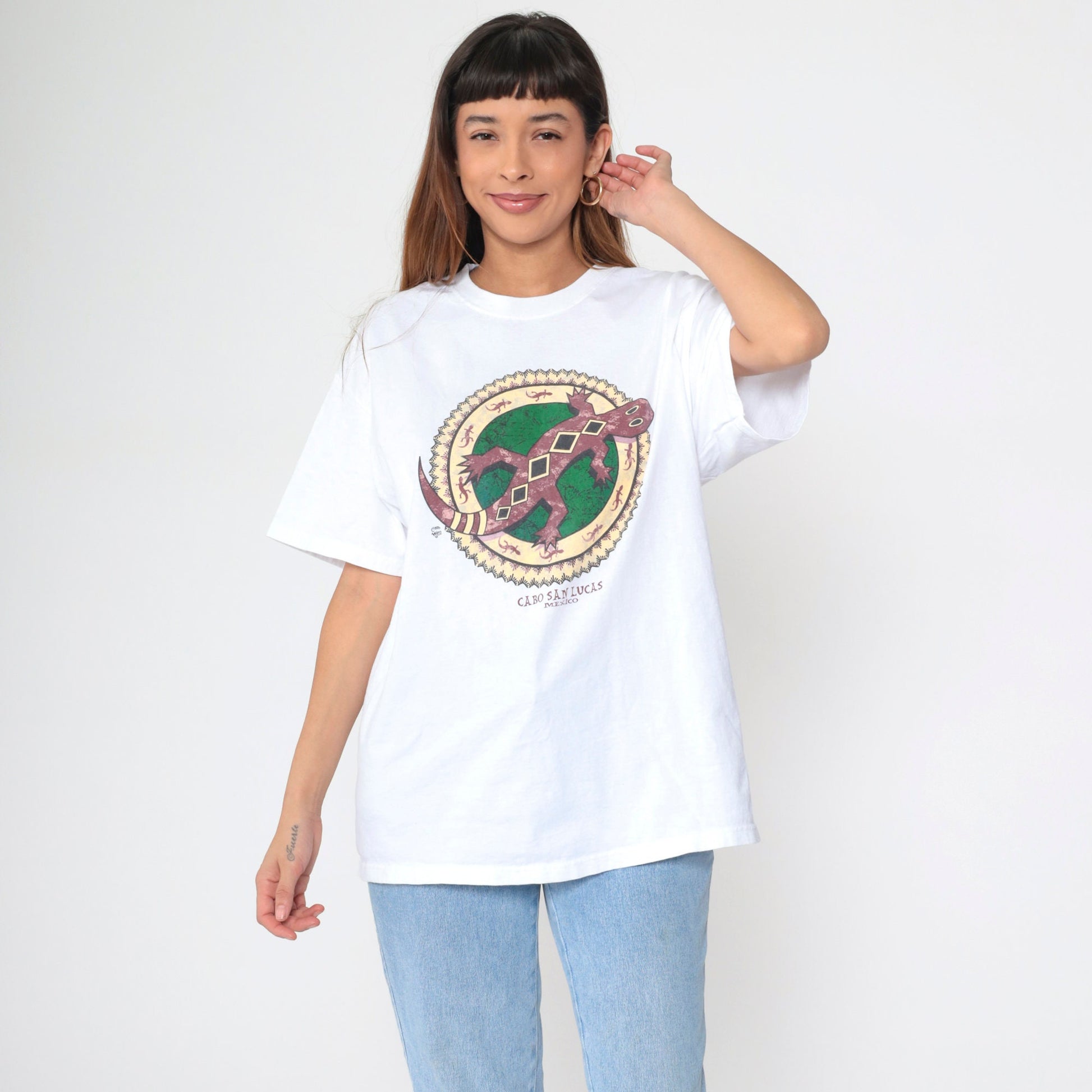 90s Cabo San Lucas Gecko Graphic T-Shirt White Cotton Crewneck Extra Large XL