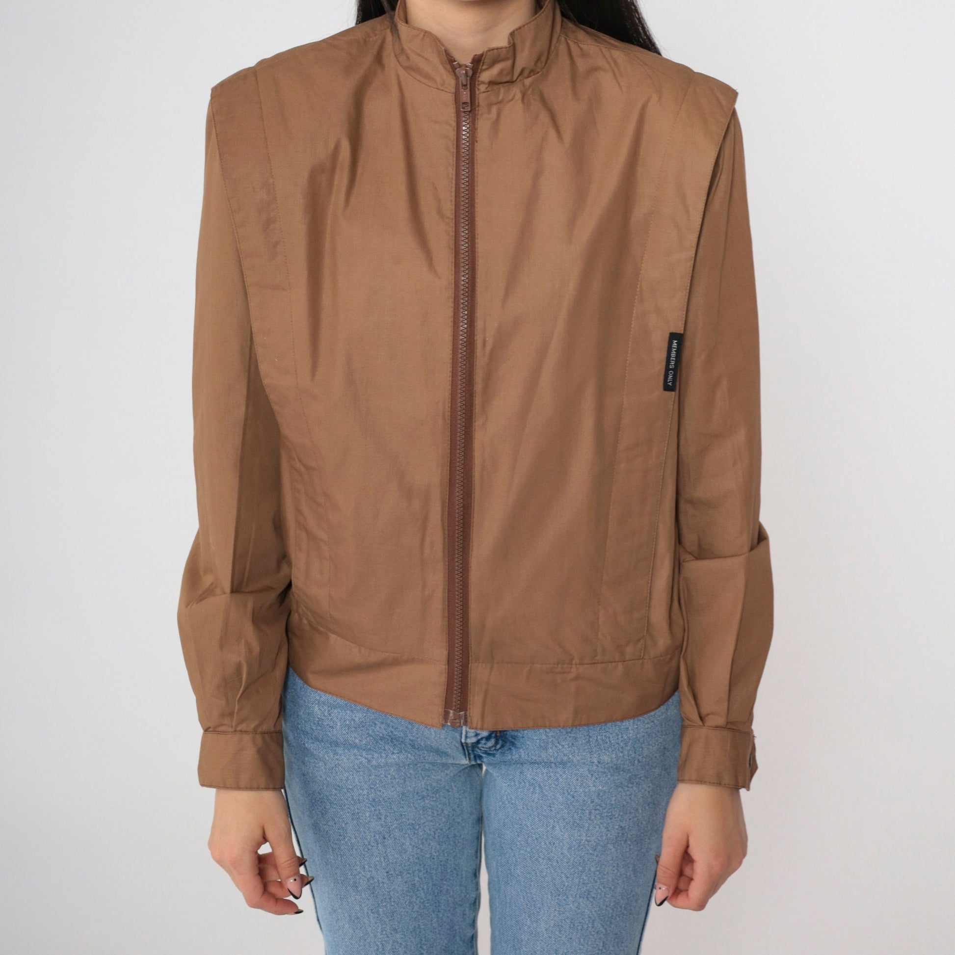 80s Members Only Brown Bomber Jacket Structured Pleats High Collar Small