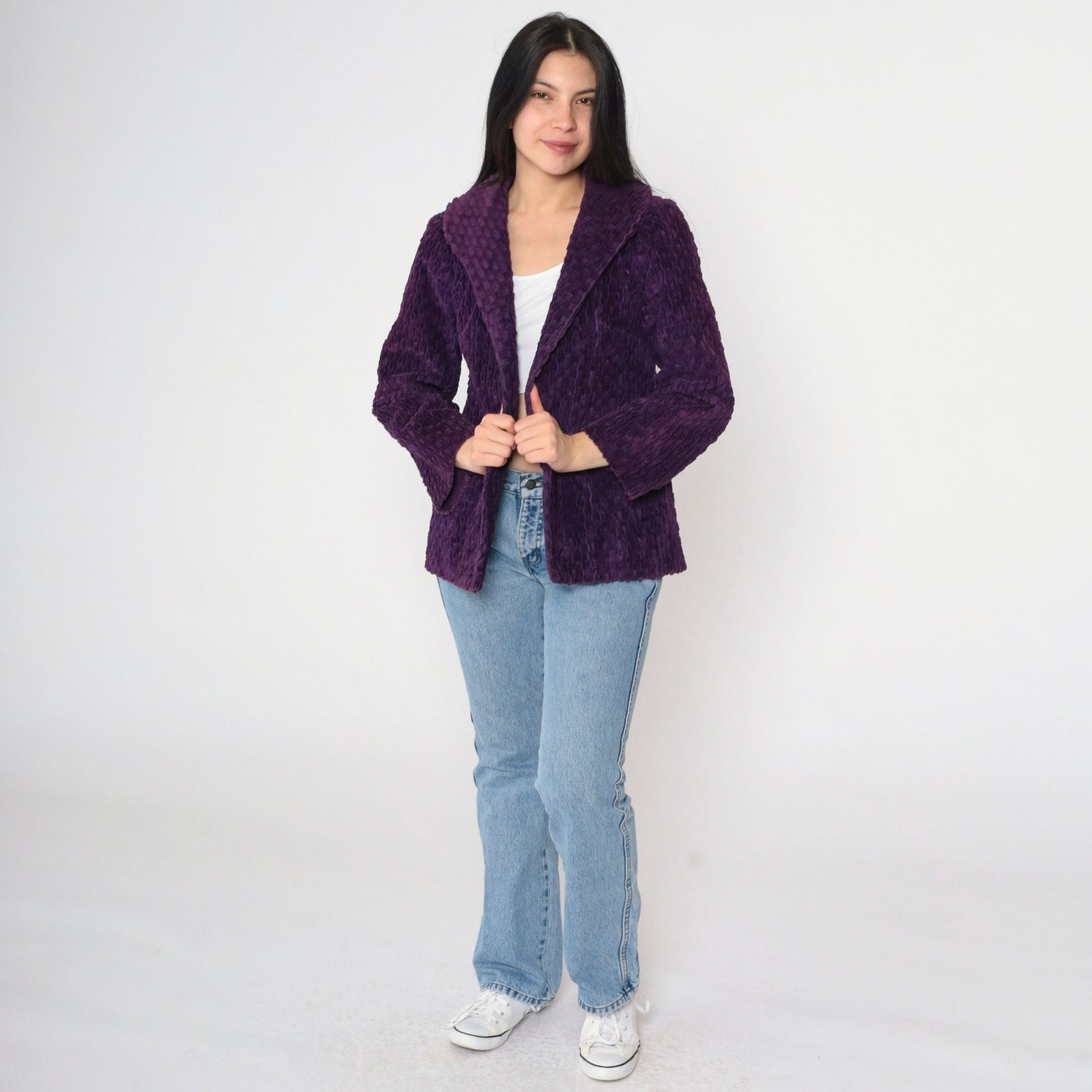 80s Deep Purple Plush Textured Blazer Shawl Collar Open Front Small