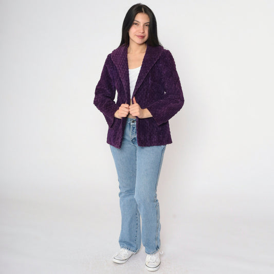 80s Deep Purple Plush Textured Blazer Shawl Collar Open Front Small