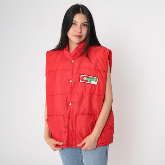 80s Consolidated Freightways Red Puffer Vest Snap Sleeveless Jacket Extra Large
