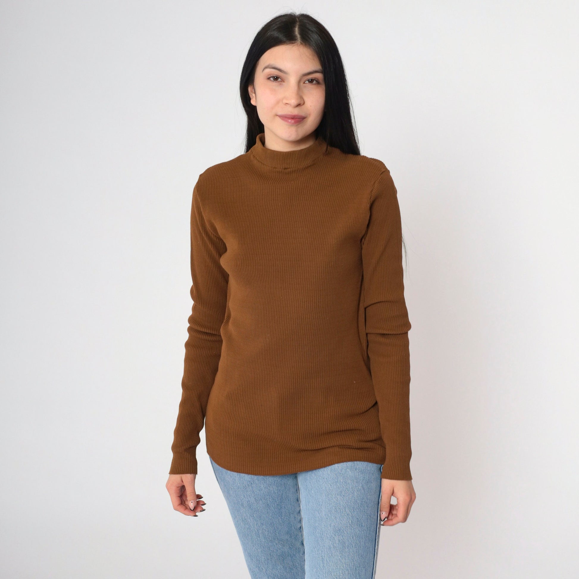 90s Brown Ribbed Knit Mock Neck Long Sleeve Top Small Medium