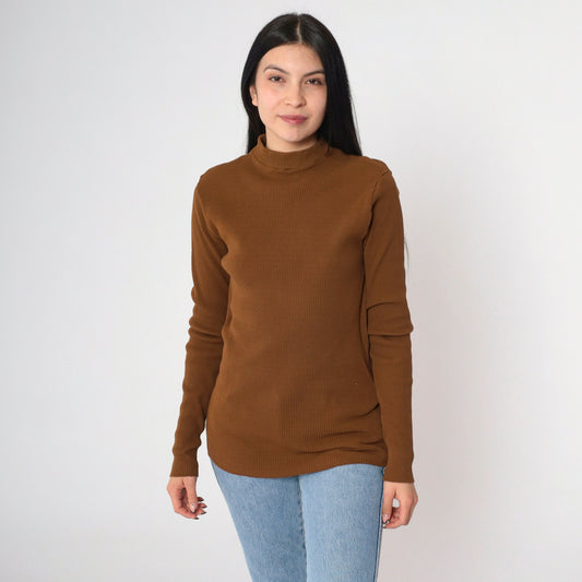 90s Brown Ribbed Knit Mock Neck Long Sleeve Top Small Medium