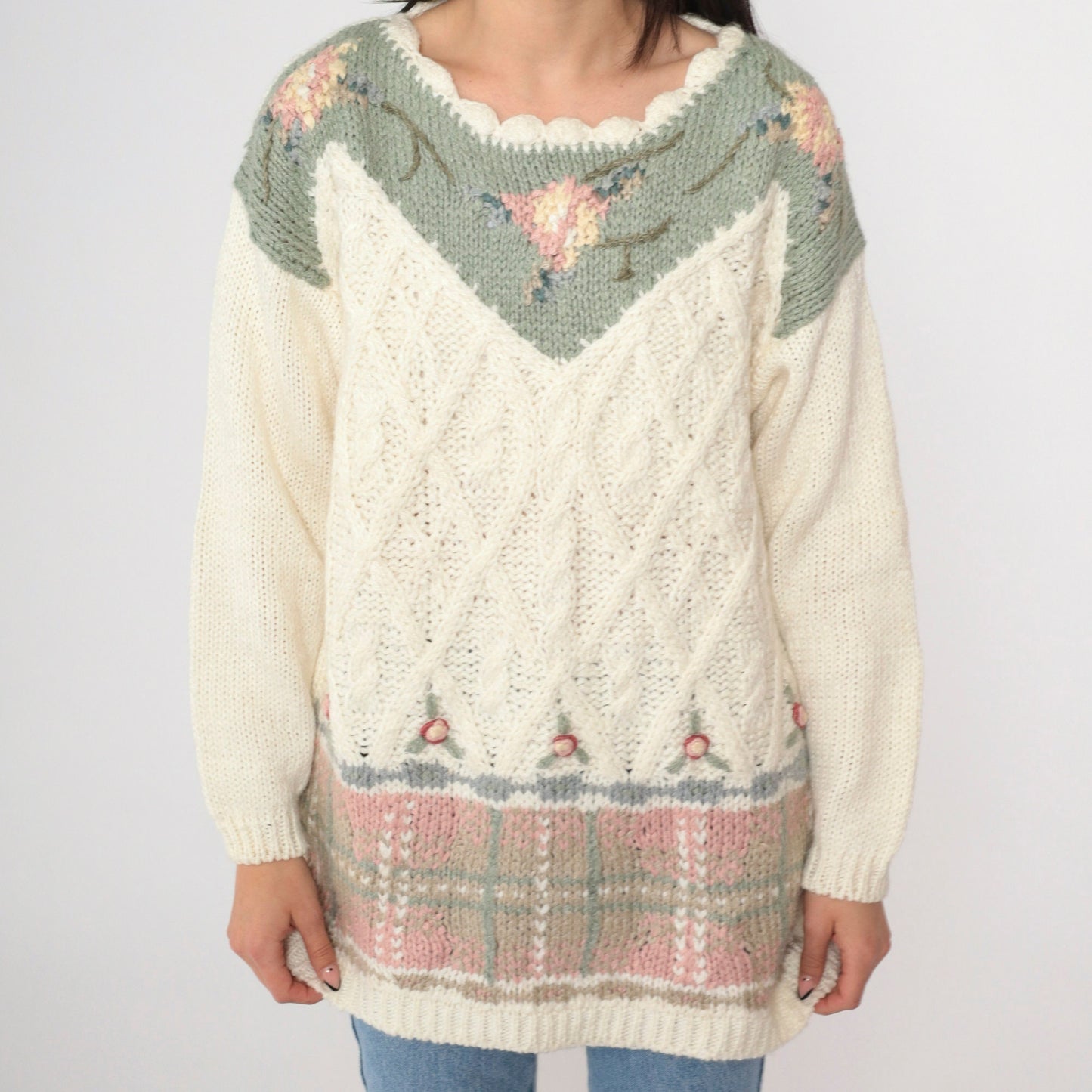 90s Casual Corner Hand-Knit Floral Sweater Cream Green Pink Large