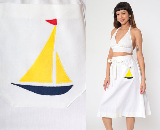 70s Nautical Wrap Skirt White Sailboat Pocket Midi High Waist Small