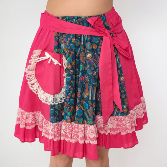 80s Patchwork Midi Skirt Pink Blue Binocular Print High-Waisted Lace Trim Medium