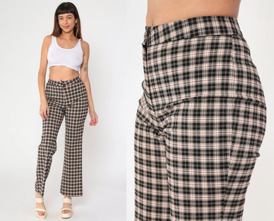 90s Star City Plaid Flared Trousers Black Tan Mid Rise Small 7