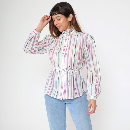 80s Jonquil Striped Button-Up Blouse Puff Sleeve Ruffle Collar Multicolor Large
