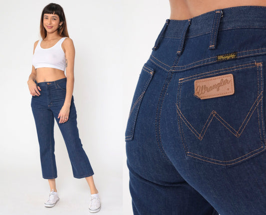 Wrangler 80s Dark Wash High Waisted Bootcut Jeans Cropped Ankle Medium
