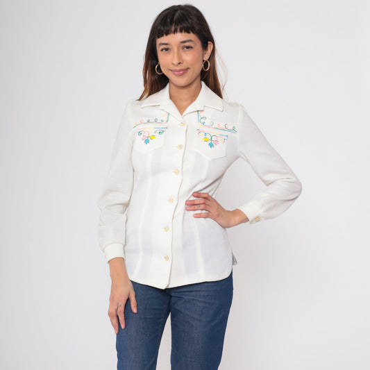 70s Floral Embroidered White Button-Up Blouse Long Sleeve Small