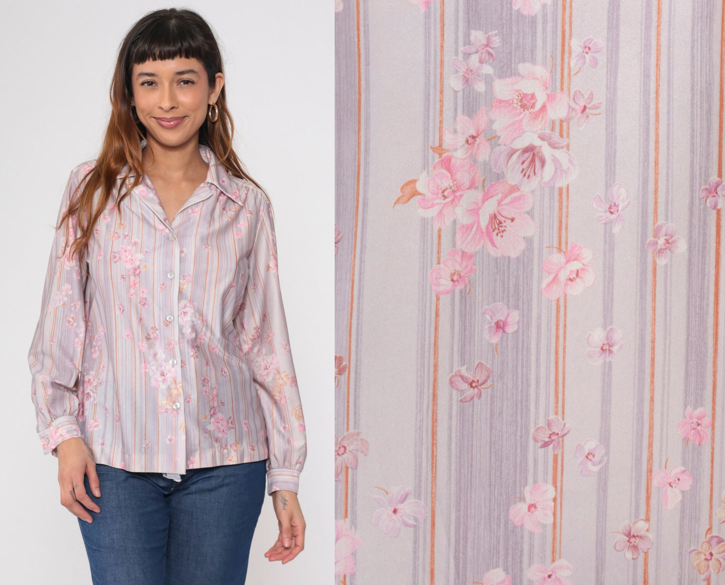 70s Striped Floral Button-Up Blouse Pink Lavender Long Sleeve Shirt Medium Large