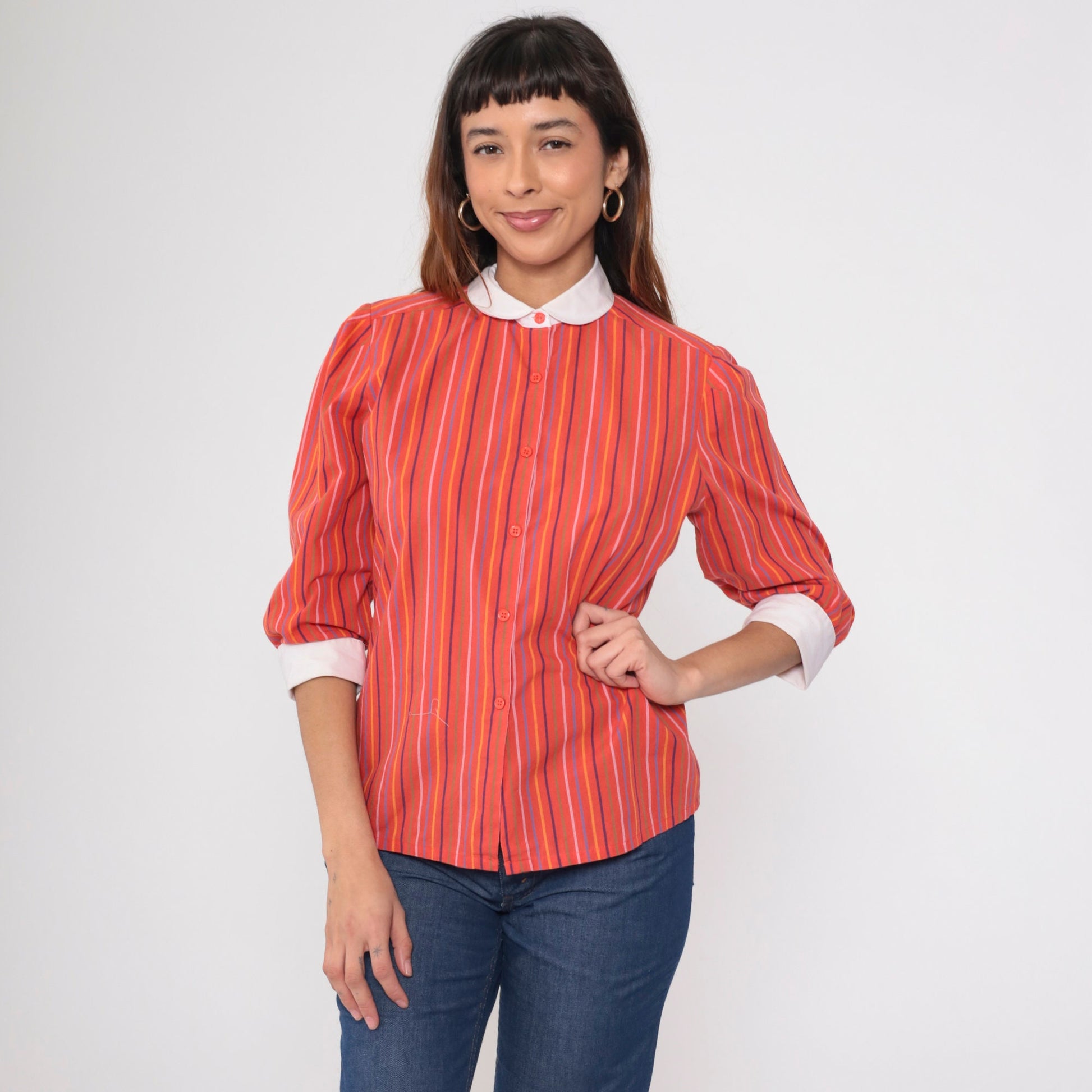 70s Red Striped Peter Pan Collar Blouse 3/4 Sleeve Button Up Medium