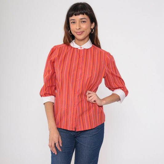 70s Red Striped Peter Pan Collar Blouse 3/4 Sleeve Button Up Medium