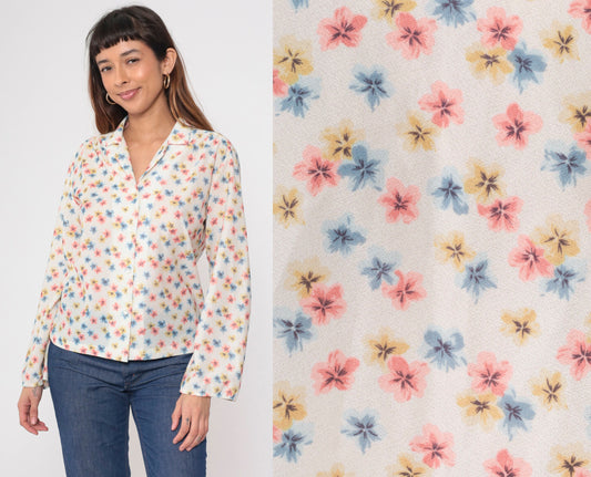 70s Floral Button-Up Blouse White Pink Blue Long Sleeve Collar Medium