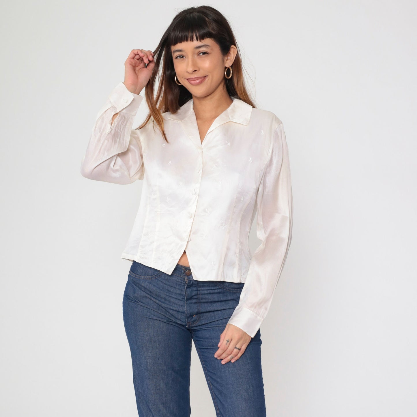 90s Rena Rowan Silk Satin Blouse Floral Embroidered Button Up White Large