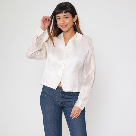 90s Rena Rowan Silk Satin Blouse Floral Embroidered Button Up White Large