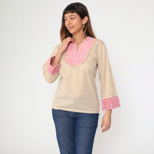 70s Kennington Embroidered Tunic Top Beige Corduroy Floral V-Neck Small