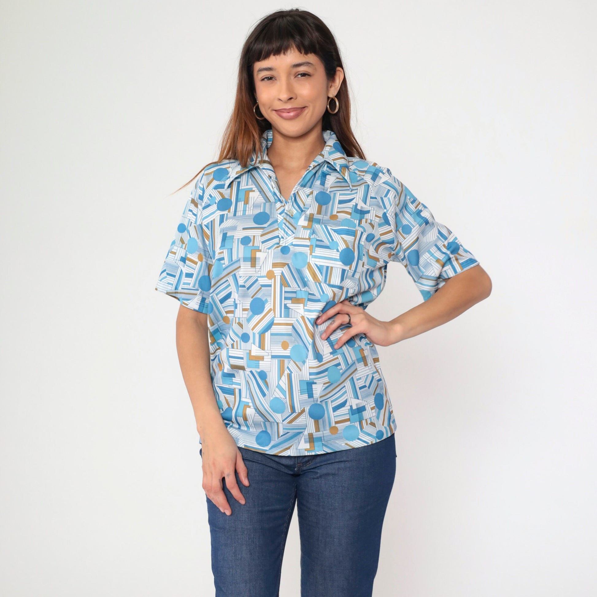 70s Lily Daché Psychedelic Geometric Dagger Collar Shirt Blue Medium