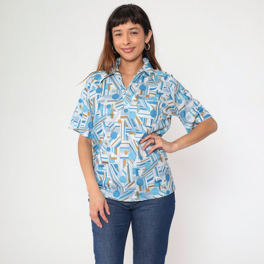 70s Lily Daché Psychedelic Geometric Dagger Collar Shirt Blue Medium
