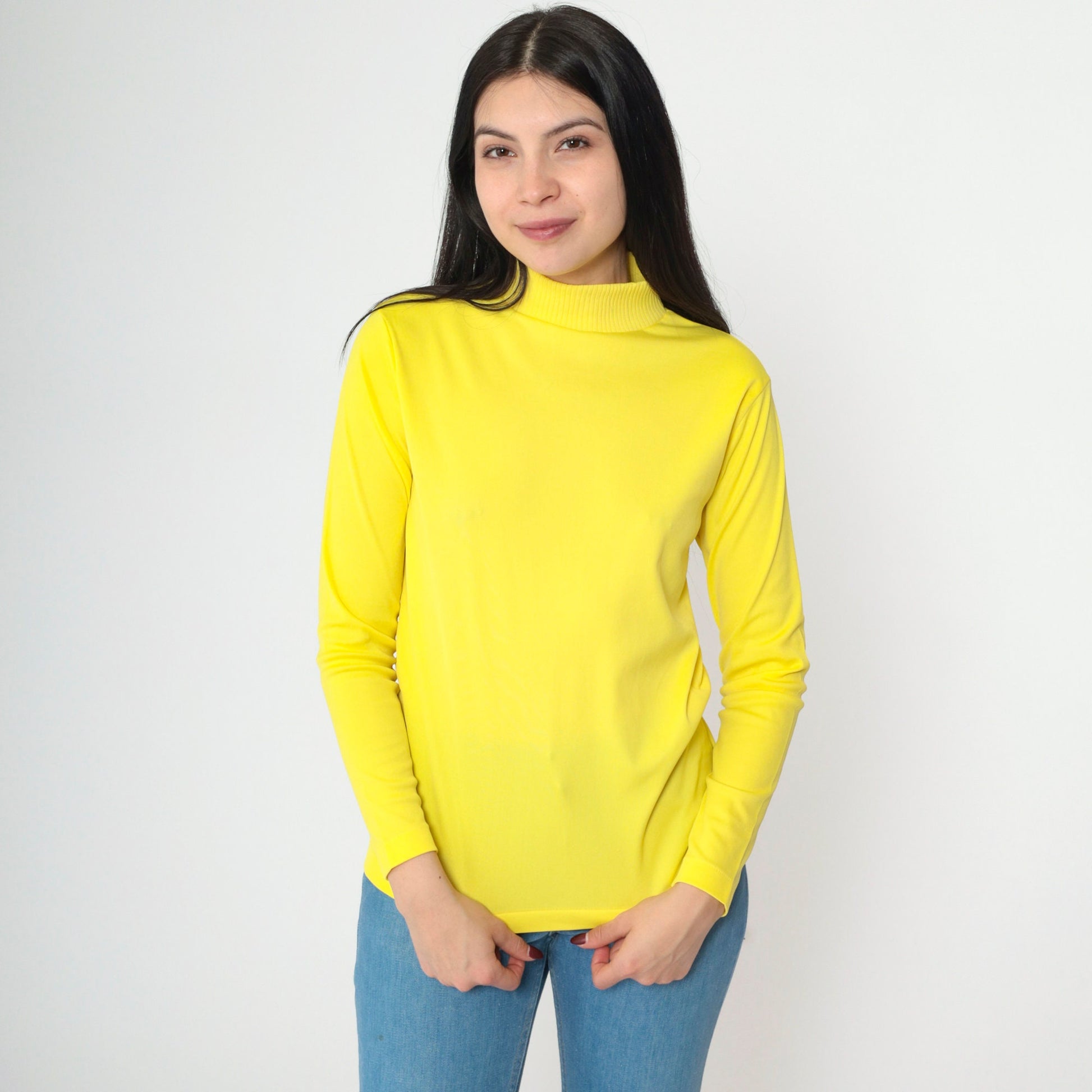 70s Yellow Mock Neck Blouse Long Sleeve Polyester Vintage Shirt Small