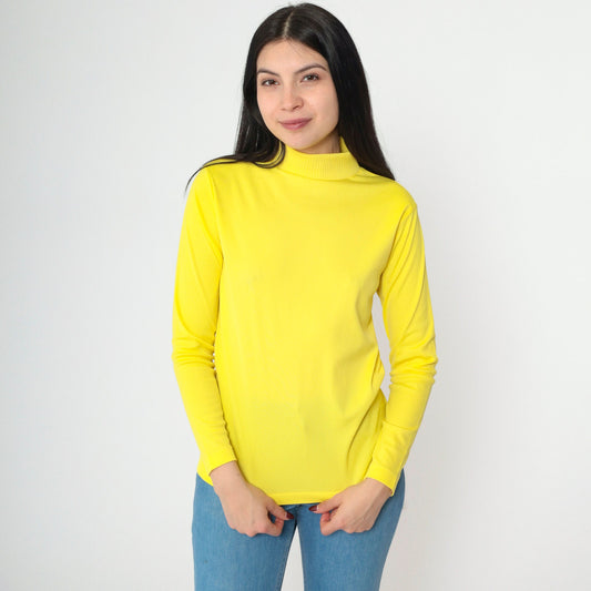 70s Yellow Mock Neck Blouse Long Sleeve Polyester Vintage Shirt Small