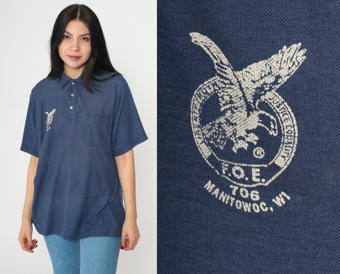80s Fraternal Order of Eagles FOE Polo Shirt Navy Blue Manitowoc Wisconsin Medium