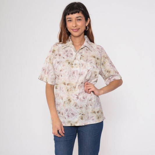 70s Lily Daché Abstract Geometric Print Button-Up Shirt Purple Brown Medium
