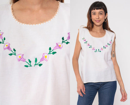 90s White Floral Embroidered Tank Top Scoop Neck Sleeveless Medium