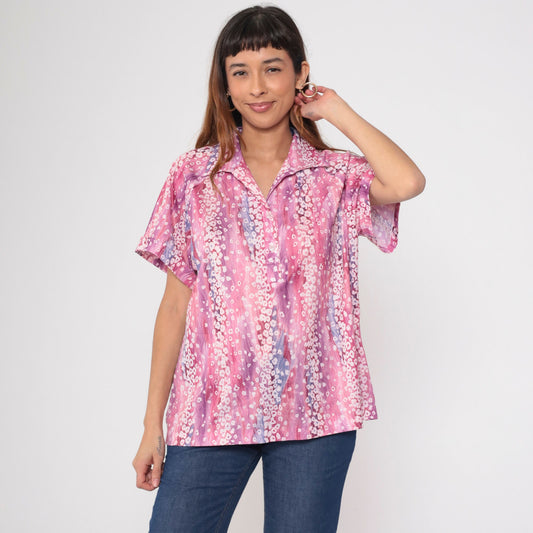 70s John Abbott Abstract Floral Blouse Pink Purple Dagger Collar Large