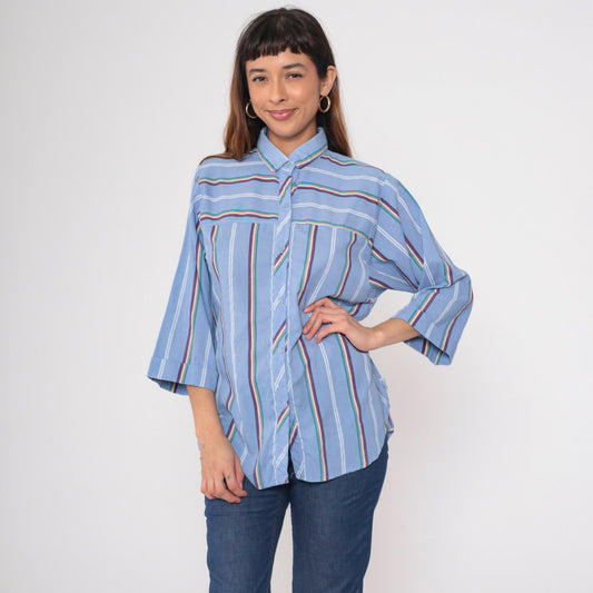 80s Blue Striped Button Up Shirt Multicolored 3/4 Sleeve Blouse Medium Large