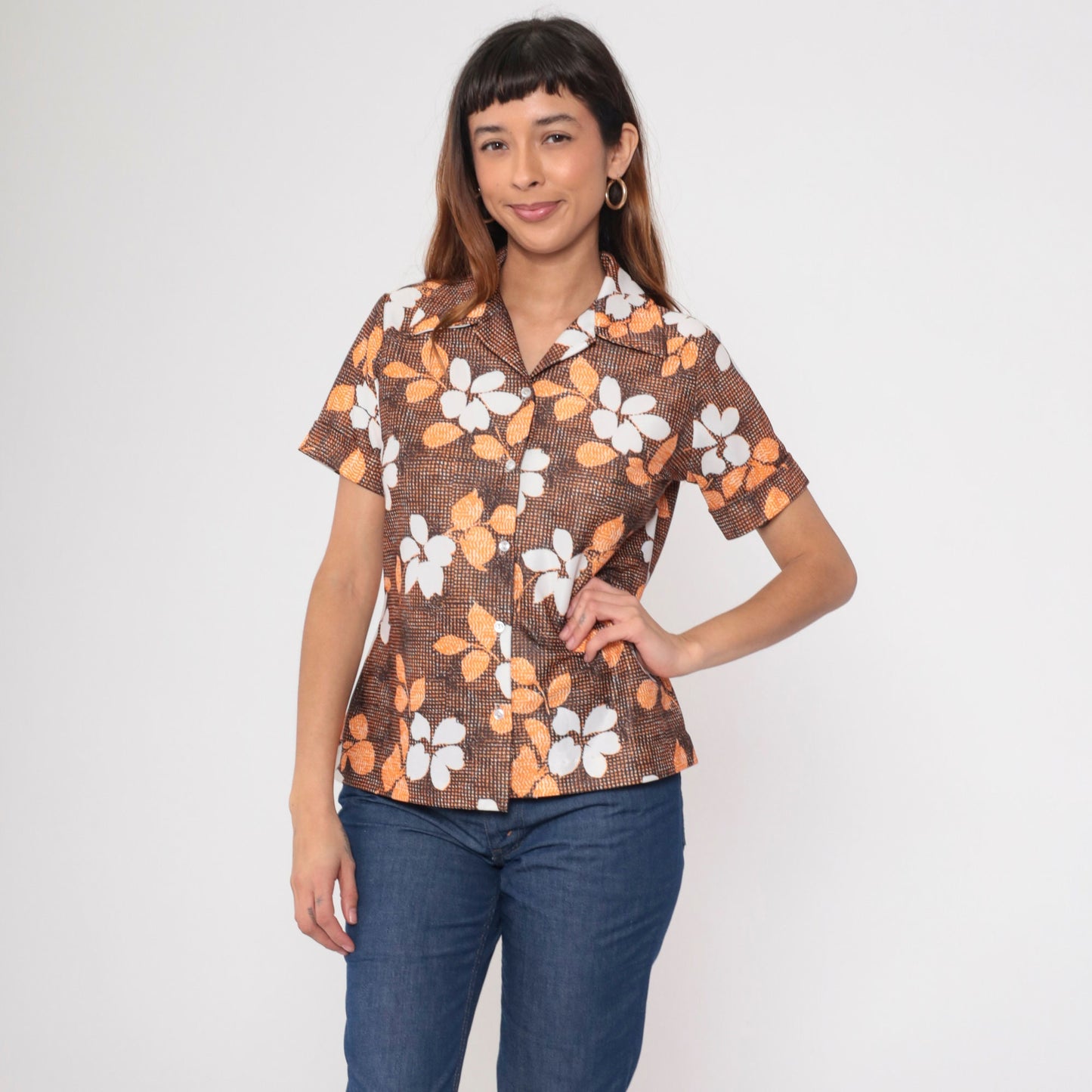70s Floral Button Up Blouse Brown Orange White Short Sleeve Small Medium