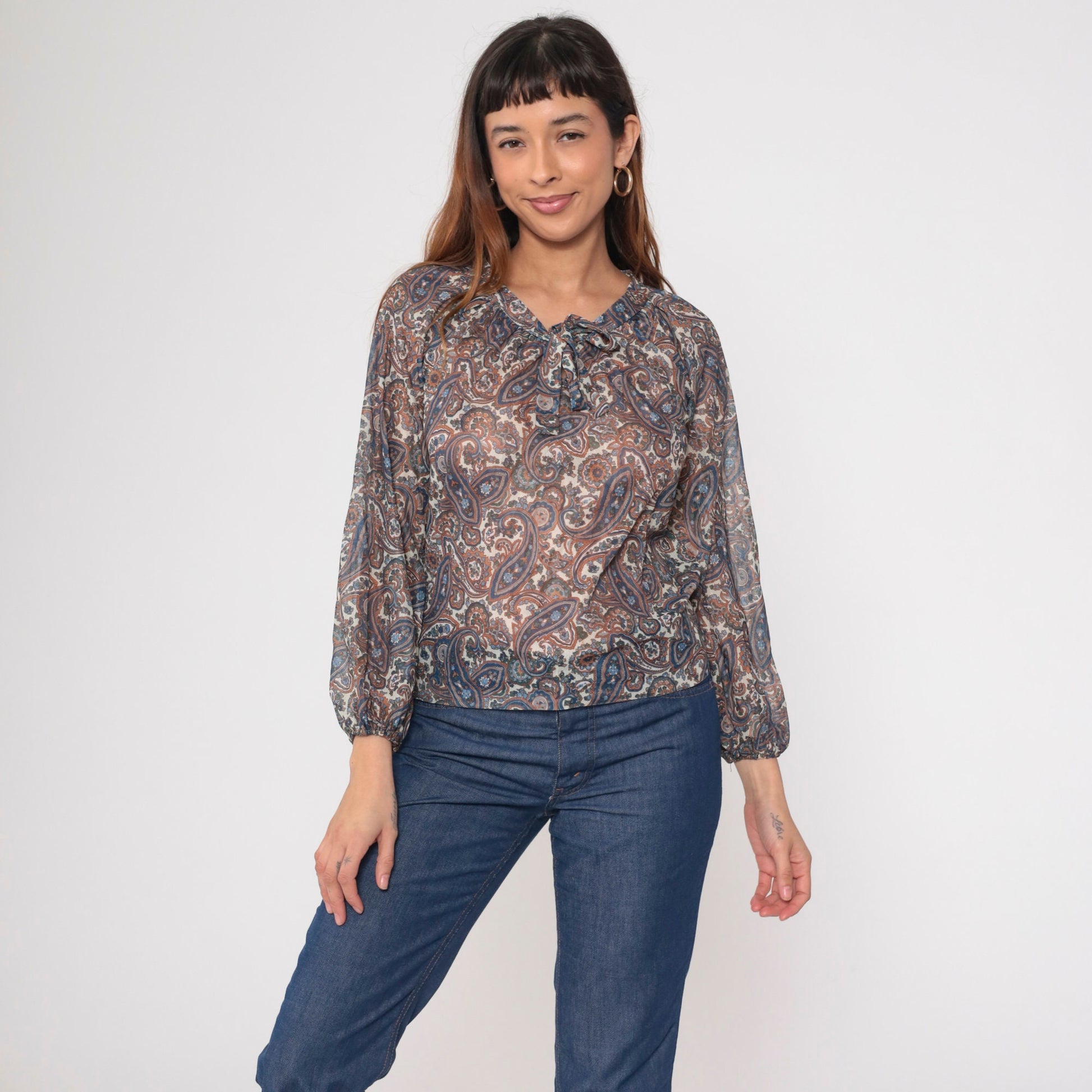 70s Paisley Tie Neck Blouse Sheer Psychedelic Print Orange Blue Small