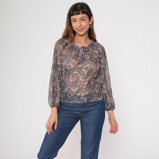 70s Paisley Tie Neck Blouse Sheer Psychedelic Print Orange Blue Small