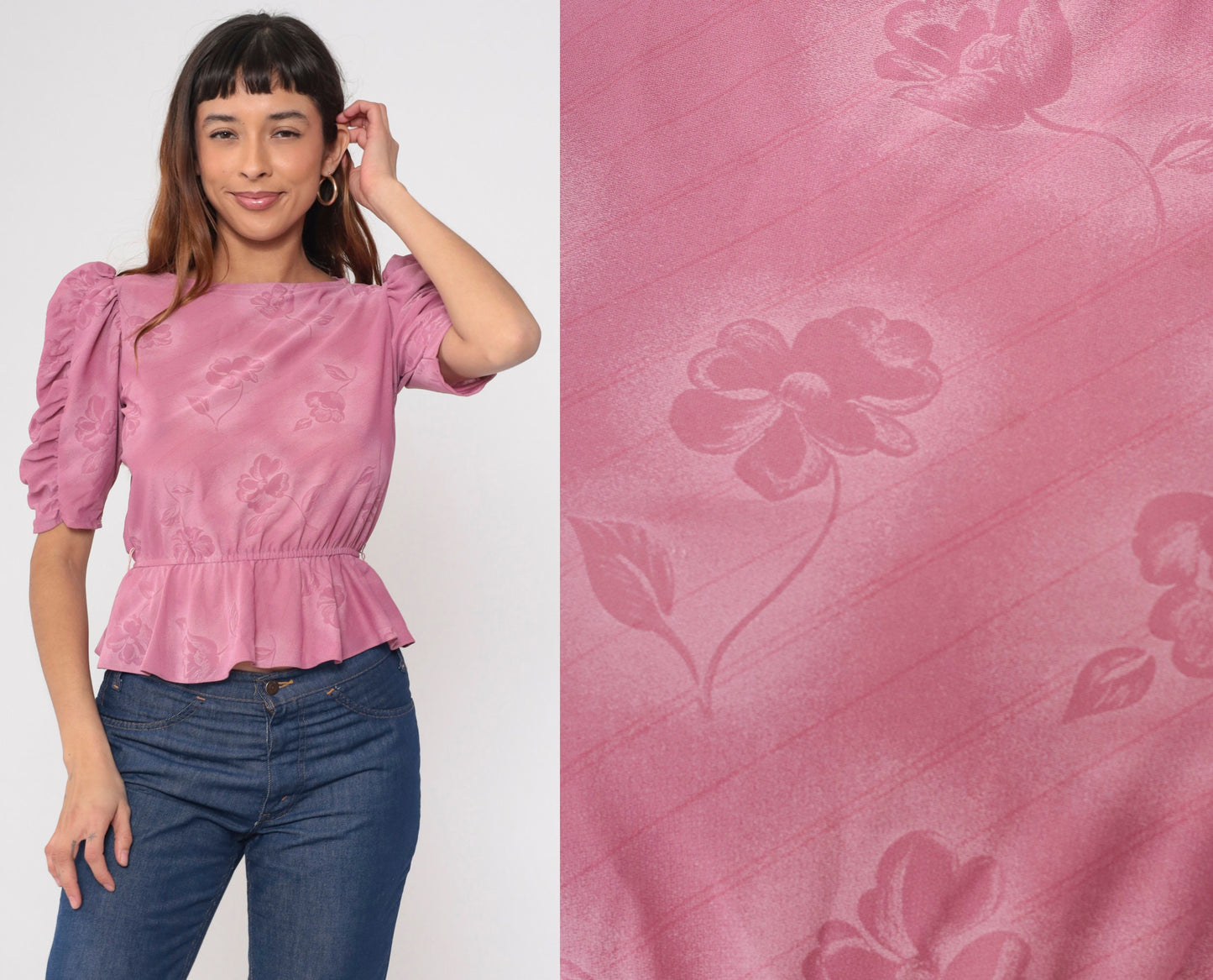 80s Floral Peplum Blouse Pink Puff Sleeve Crop Top Small