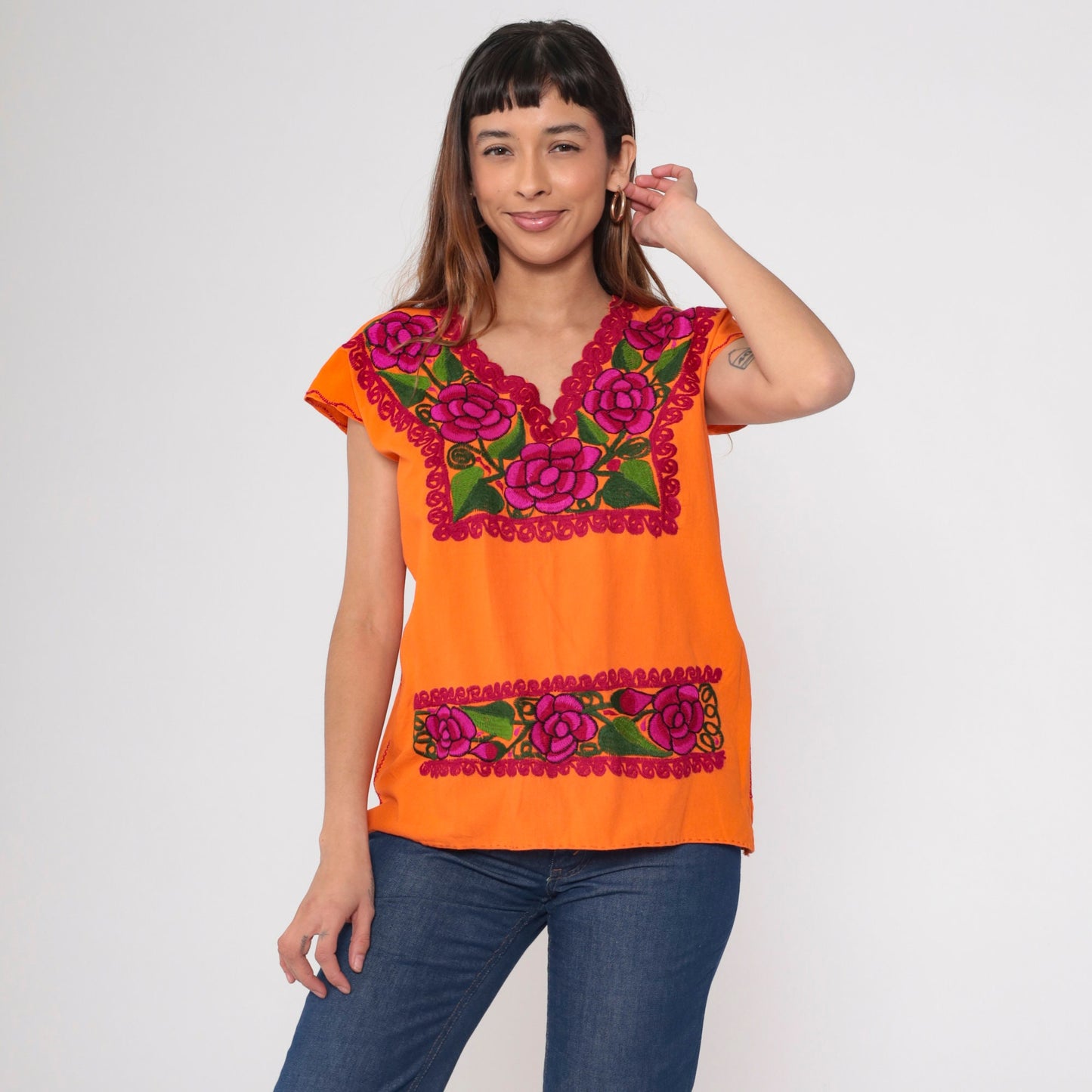 90s Orange Floral Mexican Embroidered Blouse Short Sleeve Cotton Tunic Medium