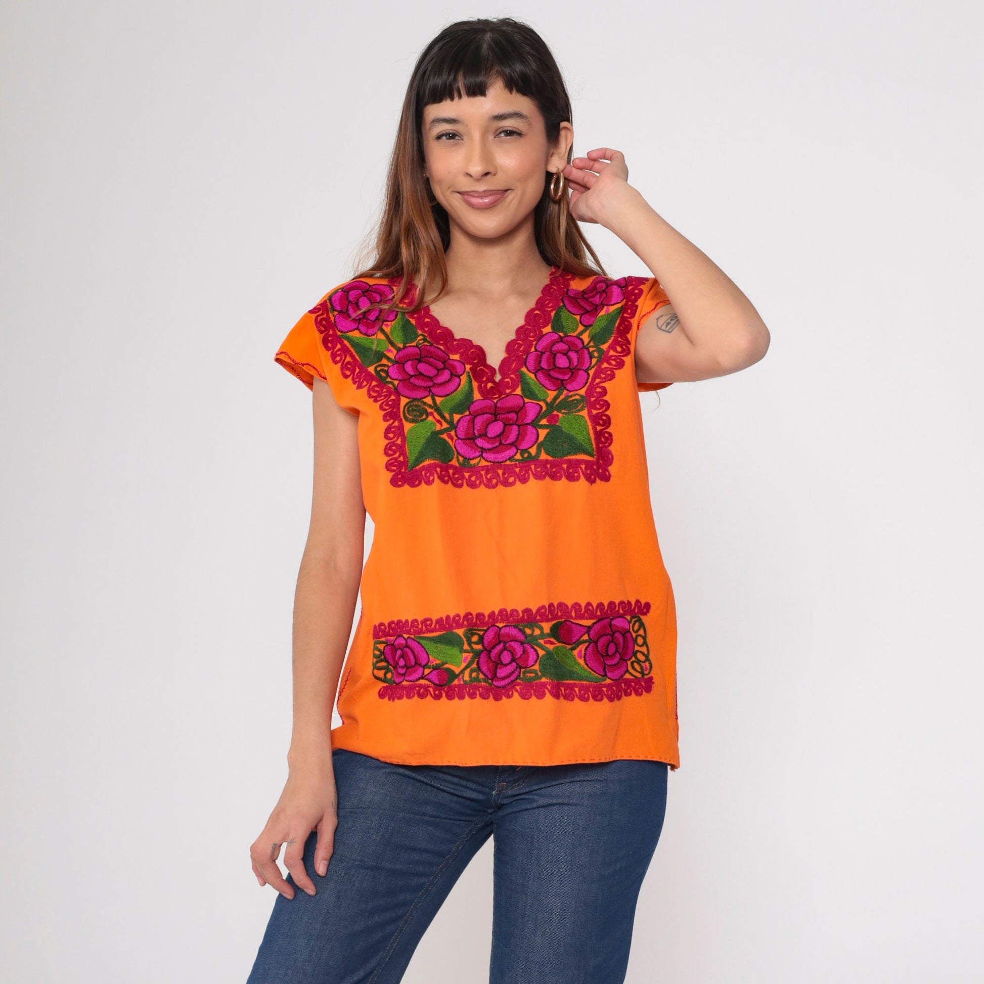 90s Orange Floral Mexican Embroidered Blouse Short Sleeve Cotton Tunic Medium