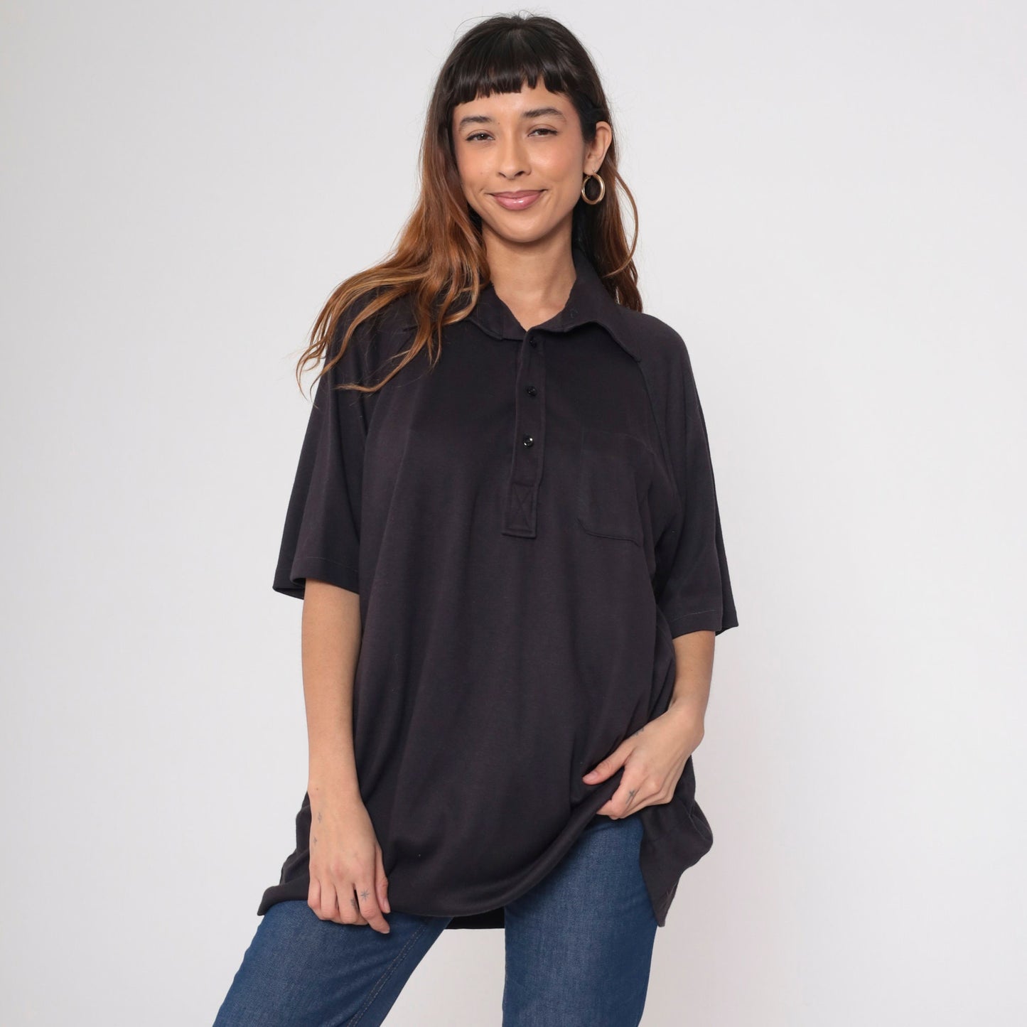 70s Don Loper Black Polo Shirt Raglan Sleeve Half Button Collared Plus Size XXL