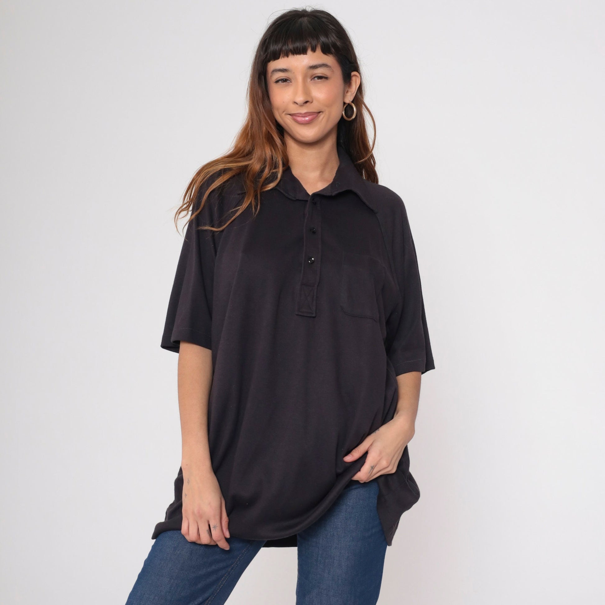70s Don Loper Black Polo Shirt Raglan Sleeve Half Button Collared Plus Size XXL