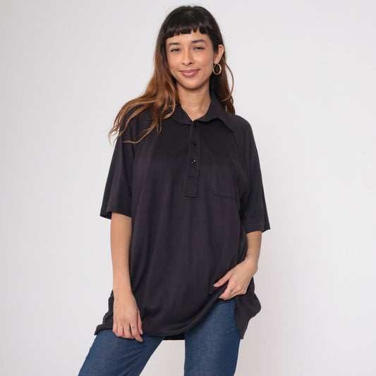 70s Don Loper Black Polo Shirt Raglan Sleeve Half Button Collared Plus Size XXL