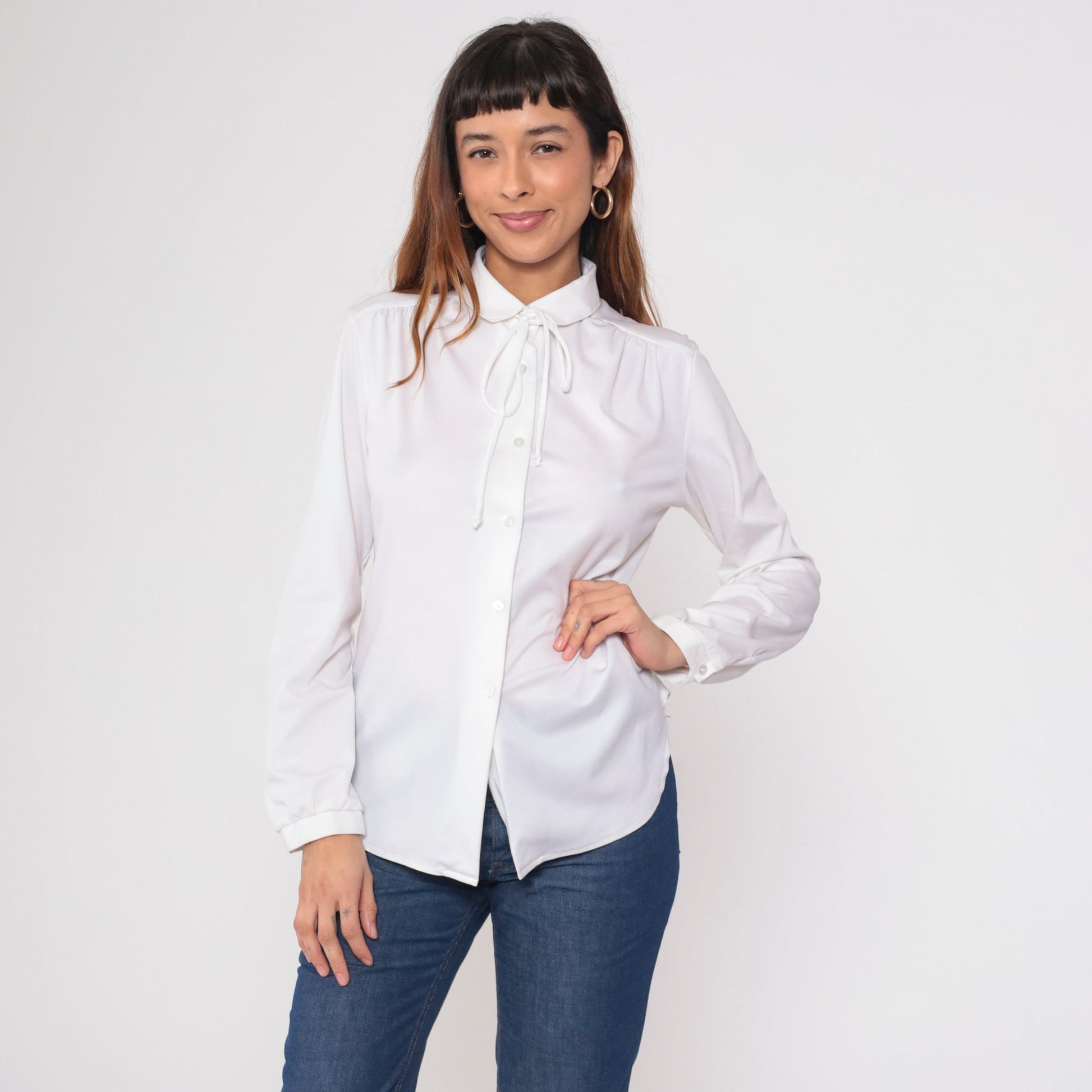 70s White Necktie Blouse Button-Up Long Sleeve Ascot Shirt Medium Large