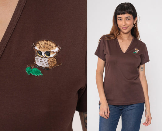 70s Owl Patch Brown V-Neck T-Shirt Cotton Graphic Tee Medium Large