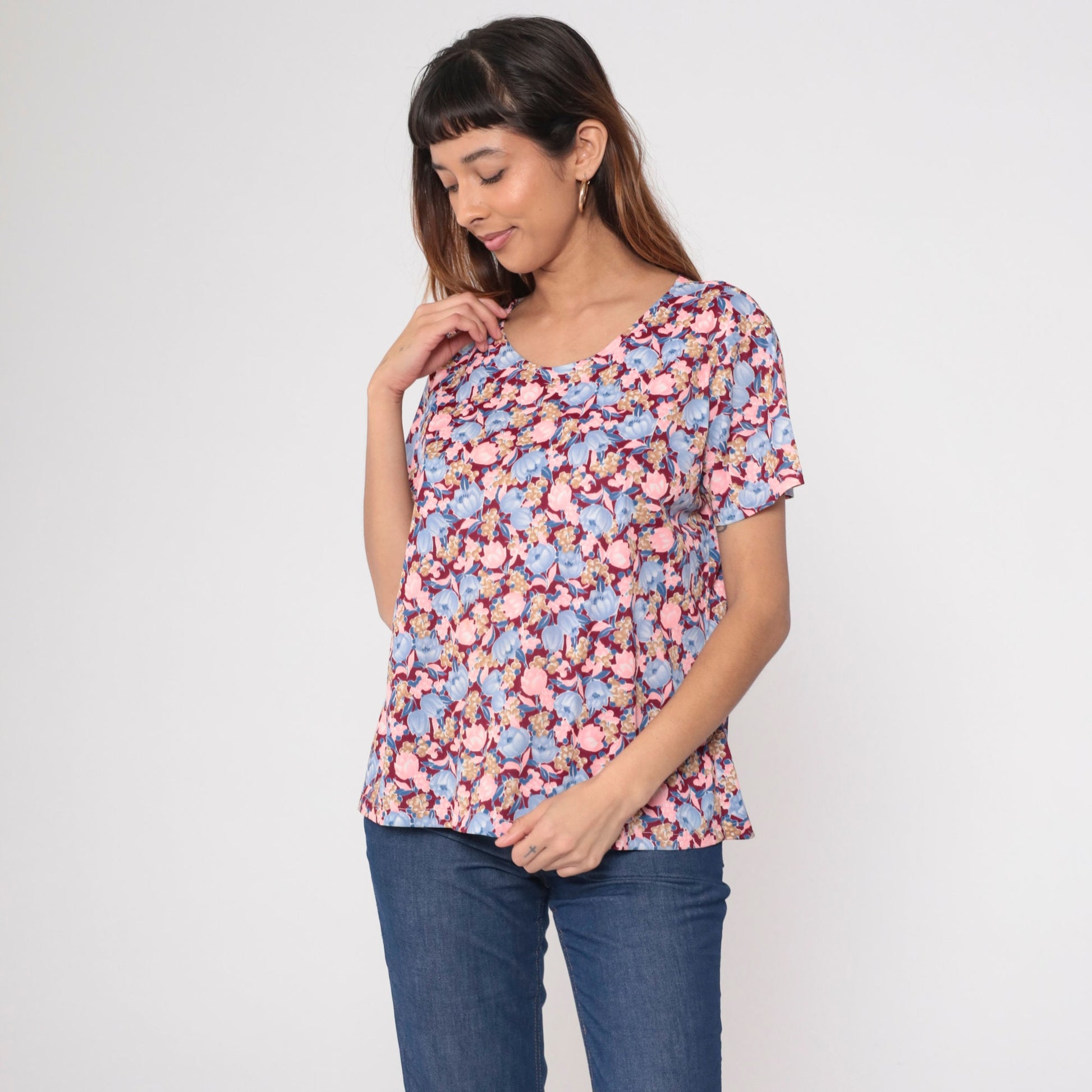70s Floral Print Blouse Pink Blue Burgundy Short Sleeve Top Large